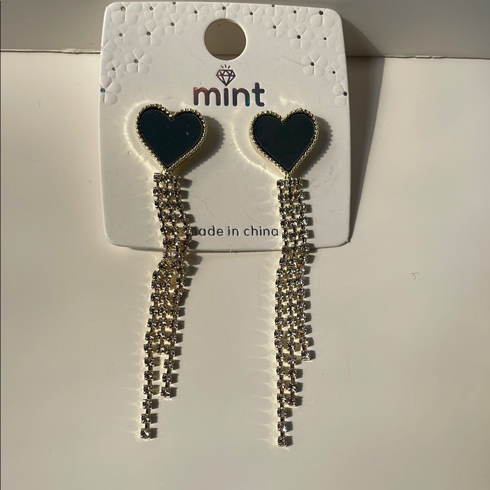 Mint Black Heart Earrings with Gold Chains